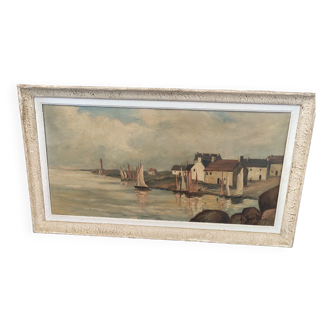 Ancien tableau huile sur toile signé baudoin decor marin