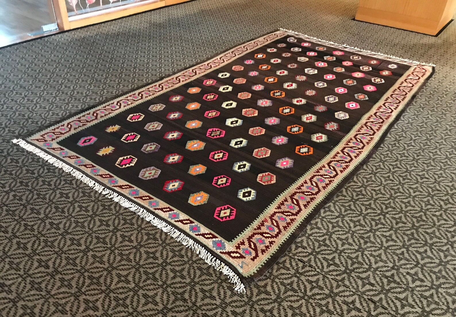 Old black anatolian oushak kilim rug with colorful patterns 305 X 173 cm