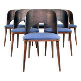 6 chaises de salle à manger vintage en chêne massif et en laine bleue
