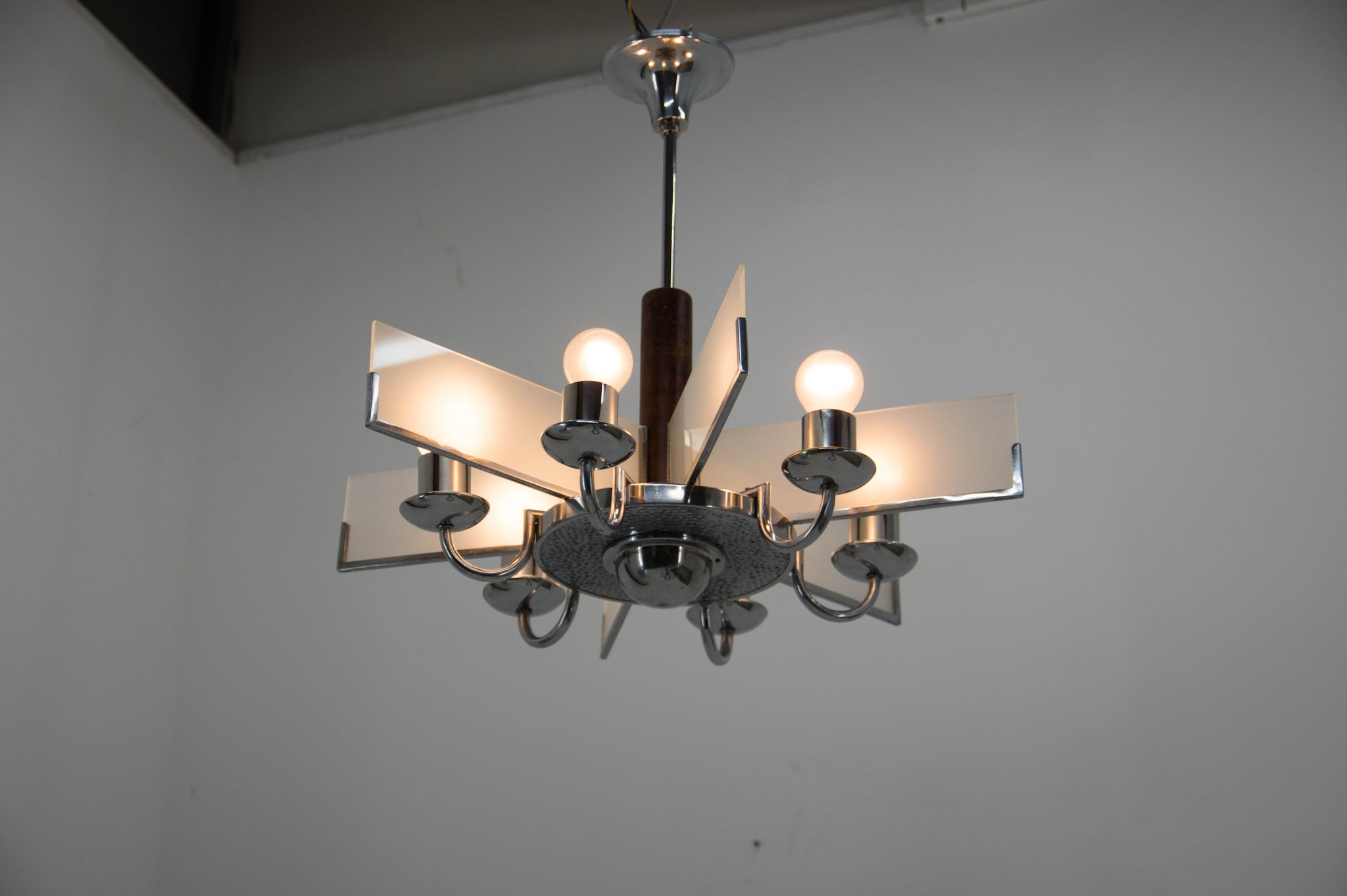 Art Deco Chandelier Made of Chrome, Wood and Sandblasted Glass, 1940s