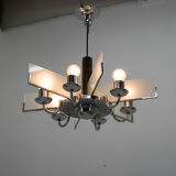 Art Deco Chandelier Made of Chrome, Wood and Sandblasted Glass, 1940s