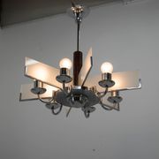 Art Deco Chandelier Made of Chrome, Wood and Sandblasted Glass, 1940s