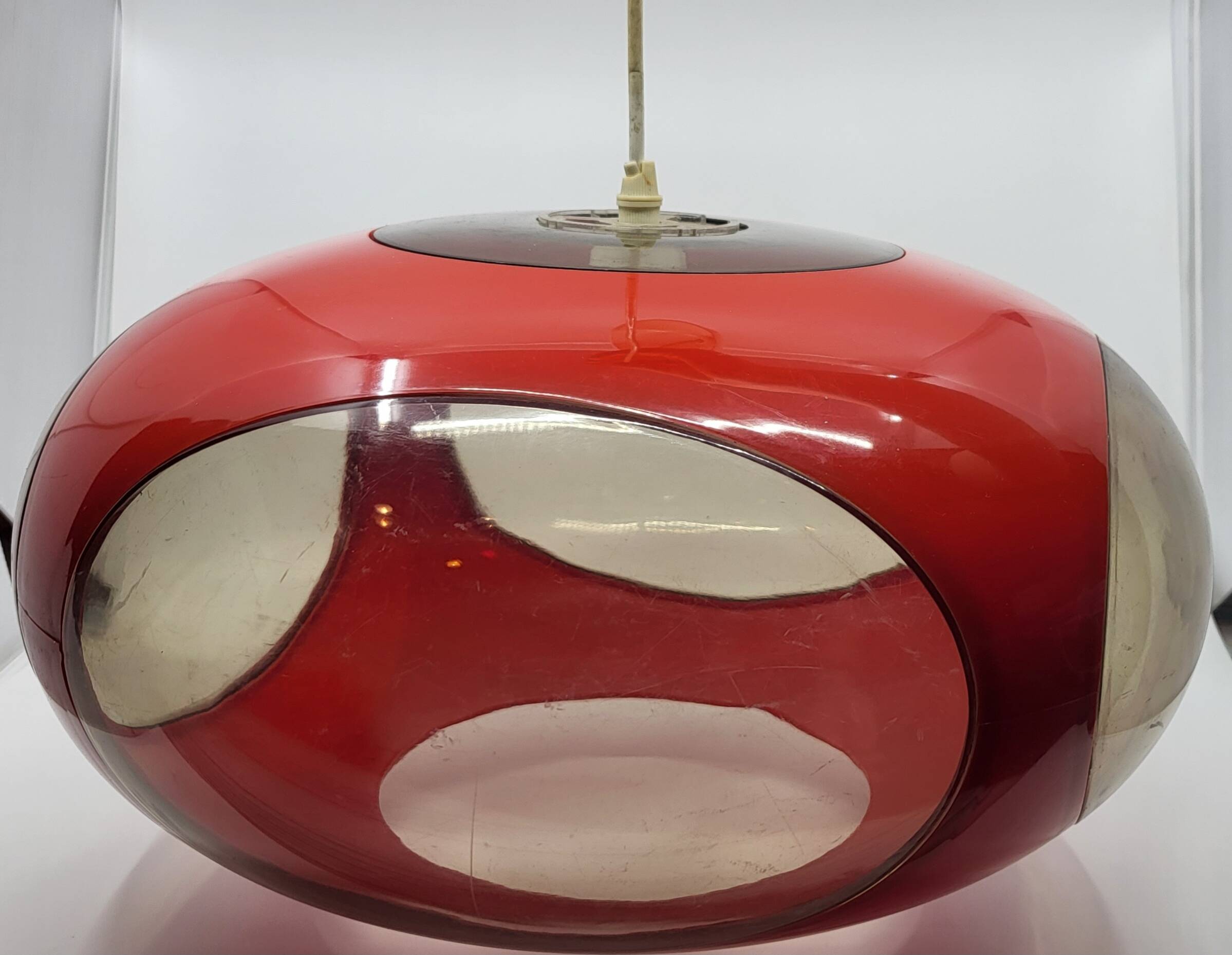 Massive Belgium red plexiglass UFO Space Age pendant light, 1970