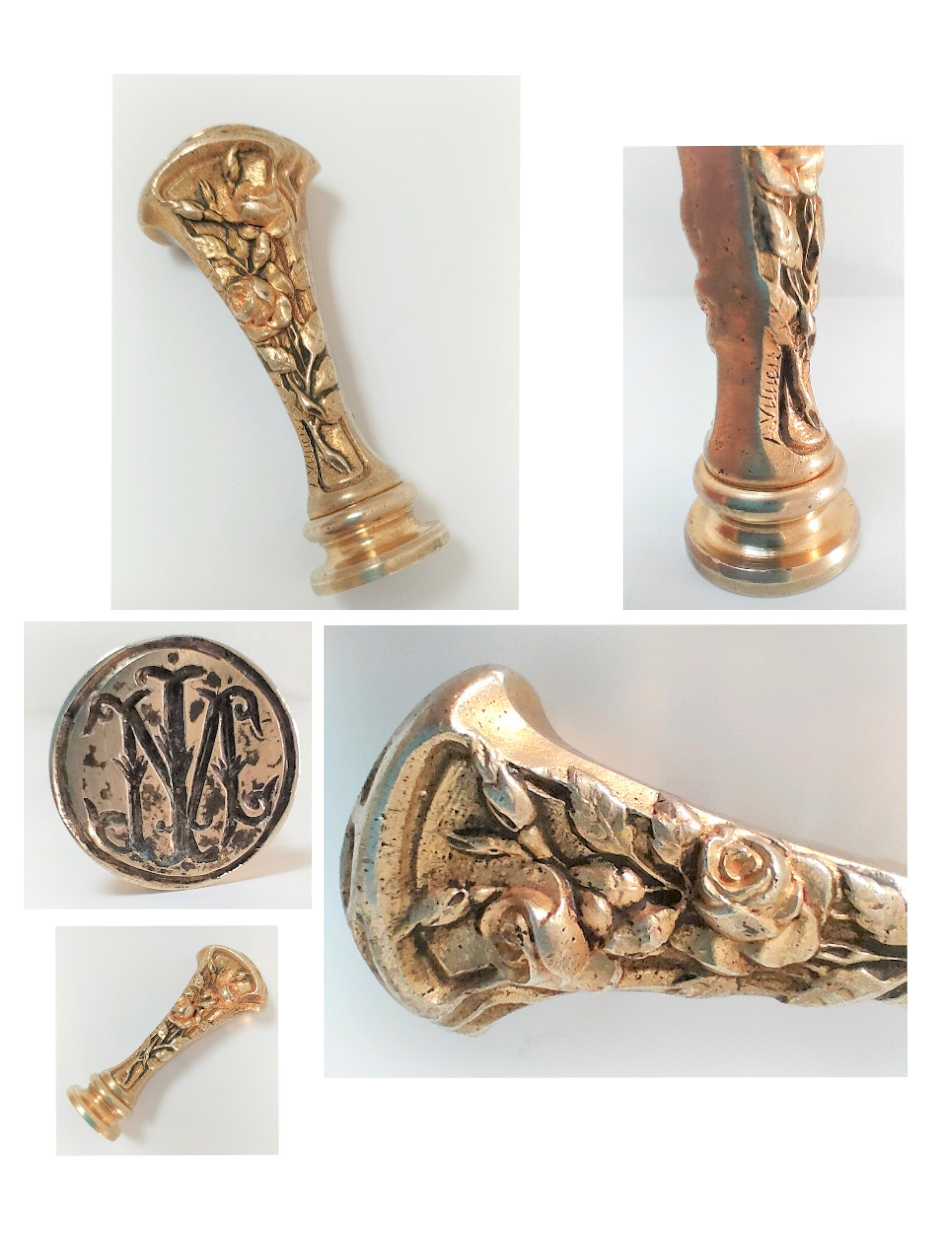 Seal stamp in gilded bronze art nouveau decorated with roses signed