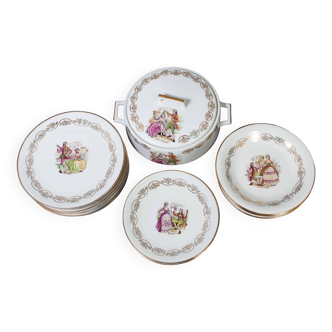 Lot 17 pièces porcelaine d'annet motif couple - peintre a renoir - assiette soupière - vintage