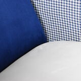 Mid- century modern armchair, 1970s, restored, blue and white velvet, pied de poule fabric