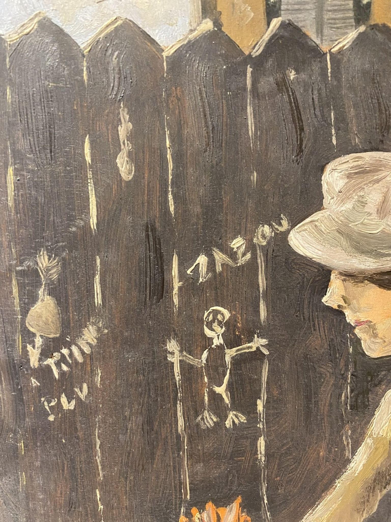 Old painting, portrait of a boy in a vegetable garden signed Dufraisse dated 1944