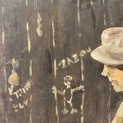 Old painting, portrait of a boy in a vegetable garden signed Dufraisse dated 1944