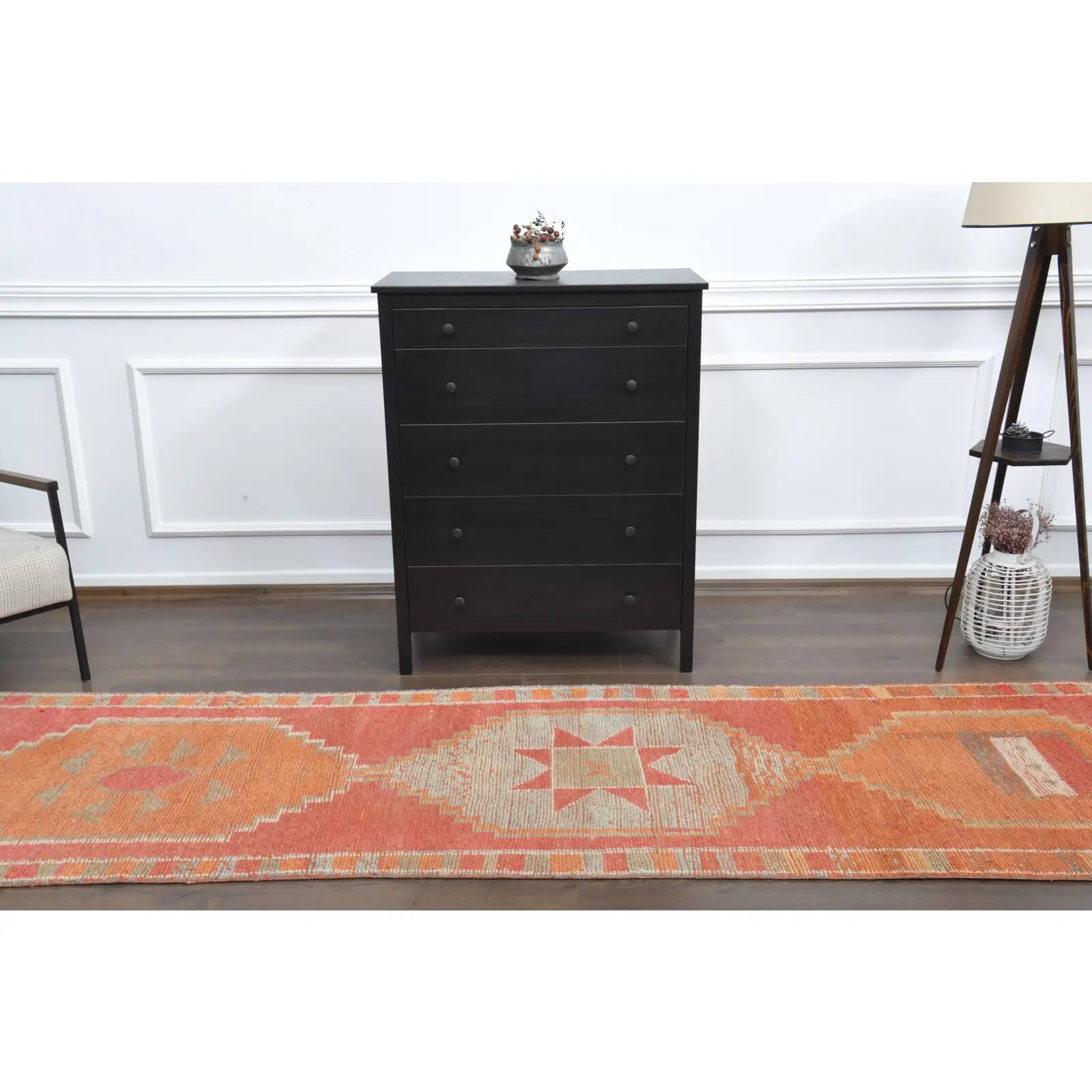 Vintage Turkish hand-knotted wool cotton orange runner rug 96x339
