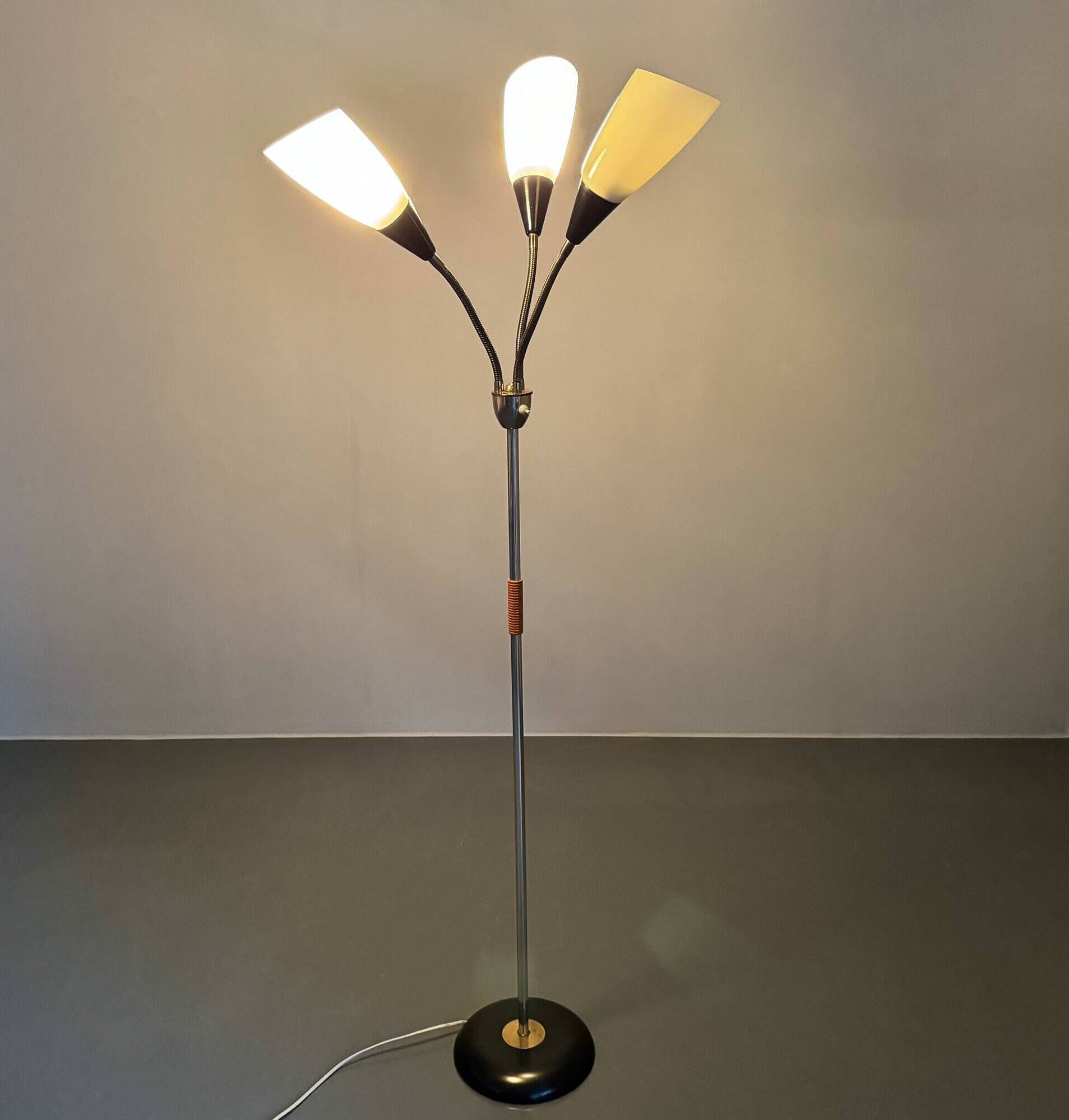1950s Brass & Glass Adjustable Floor Lamp with Wooden Detail