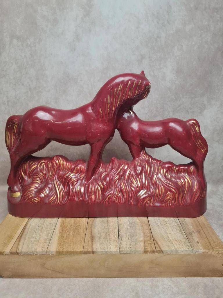 Vintage sculpture of mare and foal signed Jean – red ceramic and gilding.