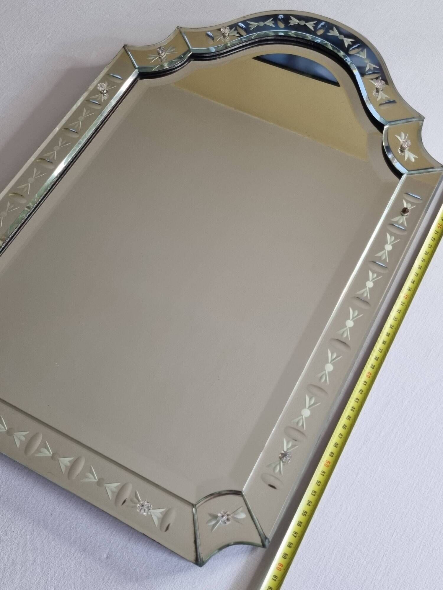 Vintage Venetian Beveled Edge Mirror with Engravings and Cabochons, 1950s, 62 x 44 cm