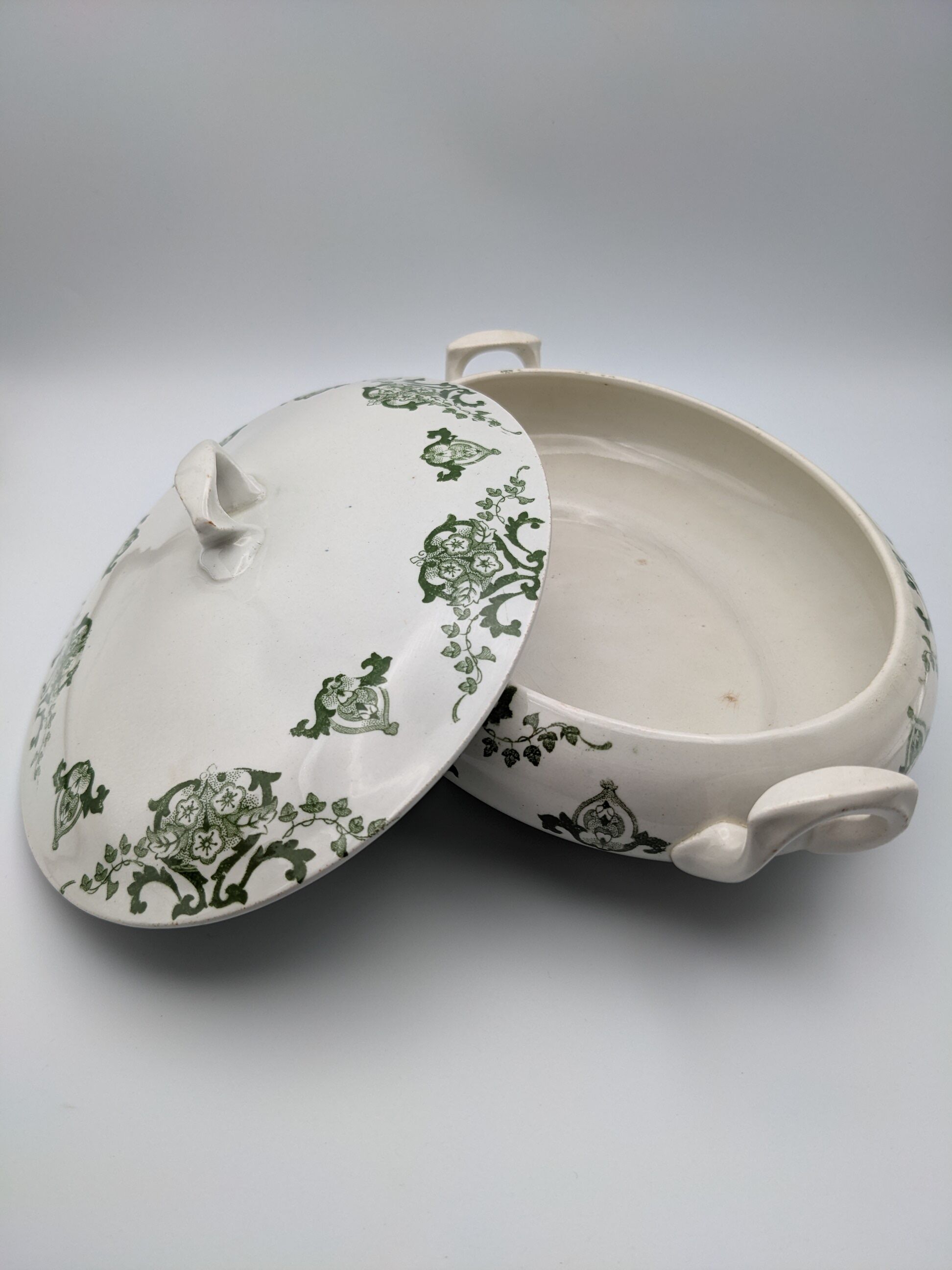 vegetable serving dish tureen earthenware English floral green decoration