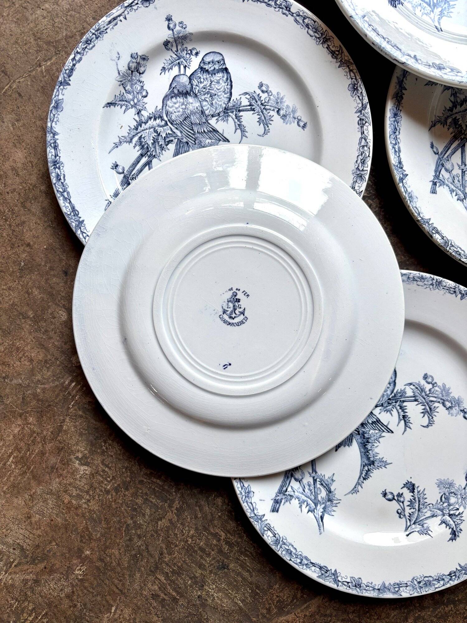 6 flat plates Clairefontaine - Léon Graves in ironstone, "Chardonnerets" service from the late 19th century.