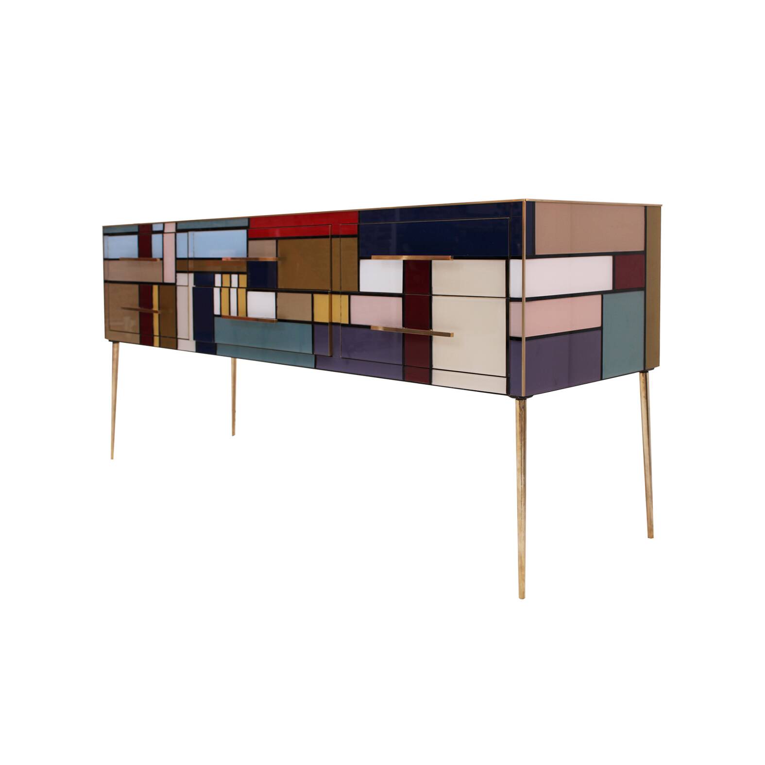 Murano Coloured Glass and Brass Sideboard Composed of 6 Drawers