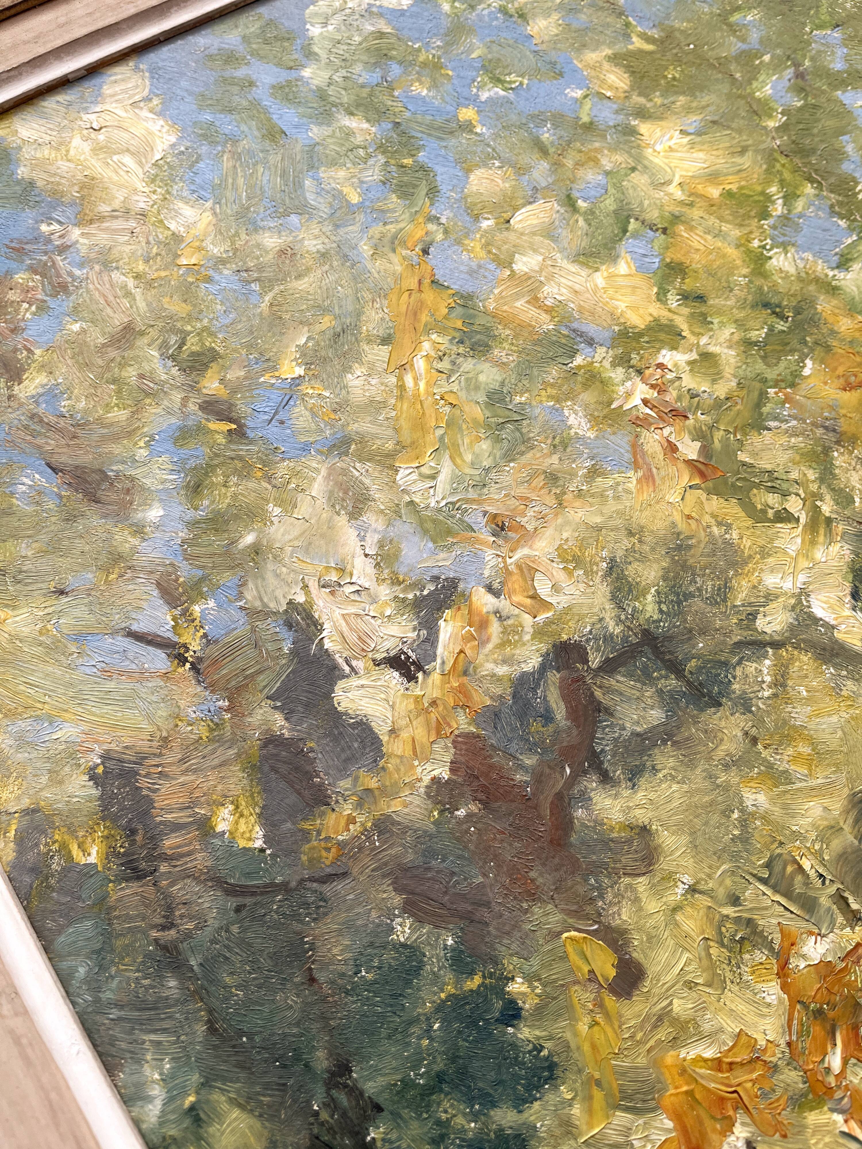 Antique painting, oil on cardboard depicting a landscape