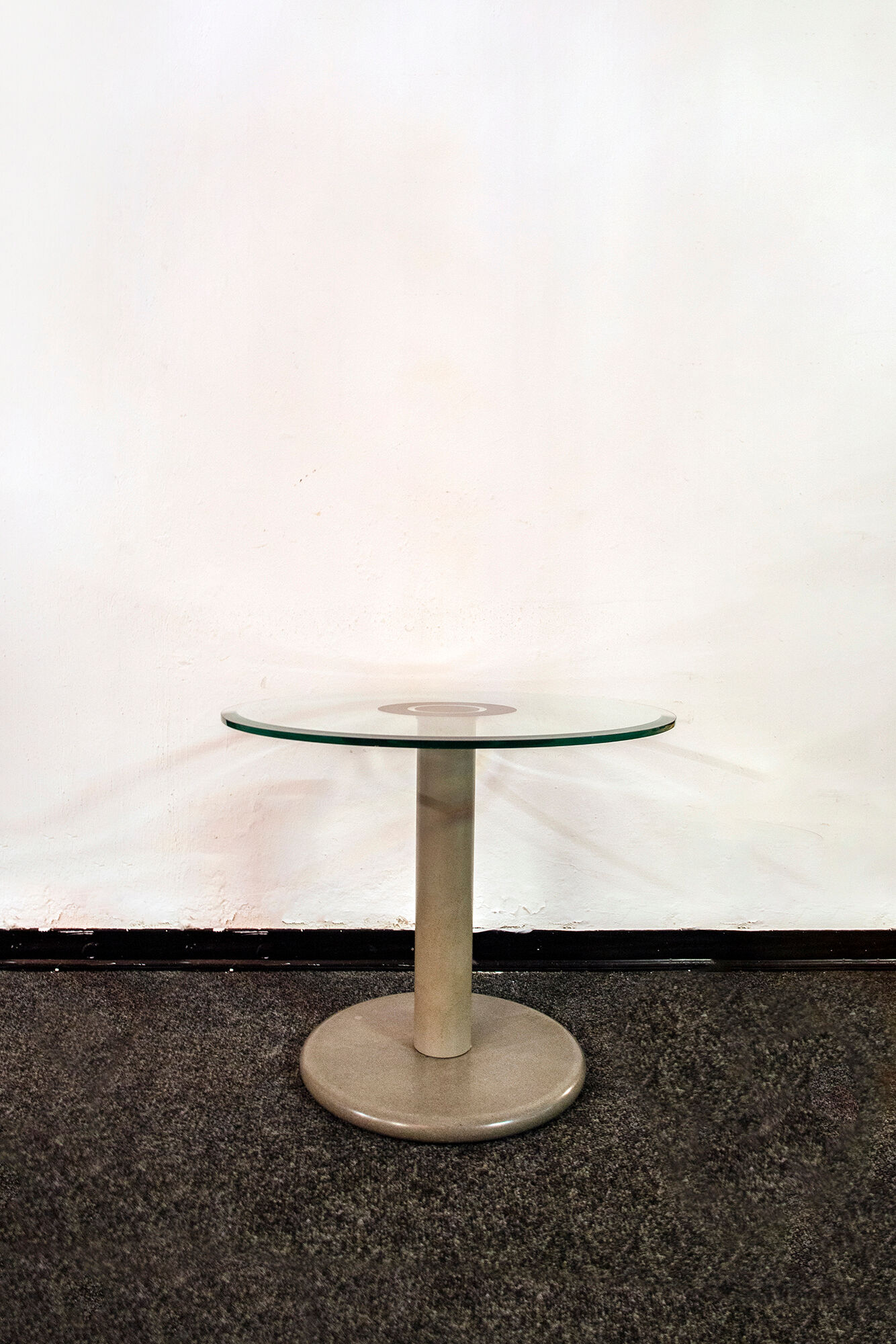 Coffee table with granite base, enamelled iron structure, 80s glass top