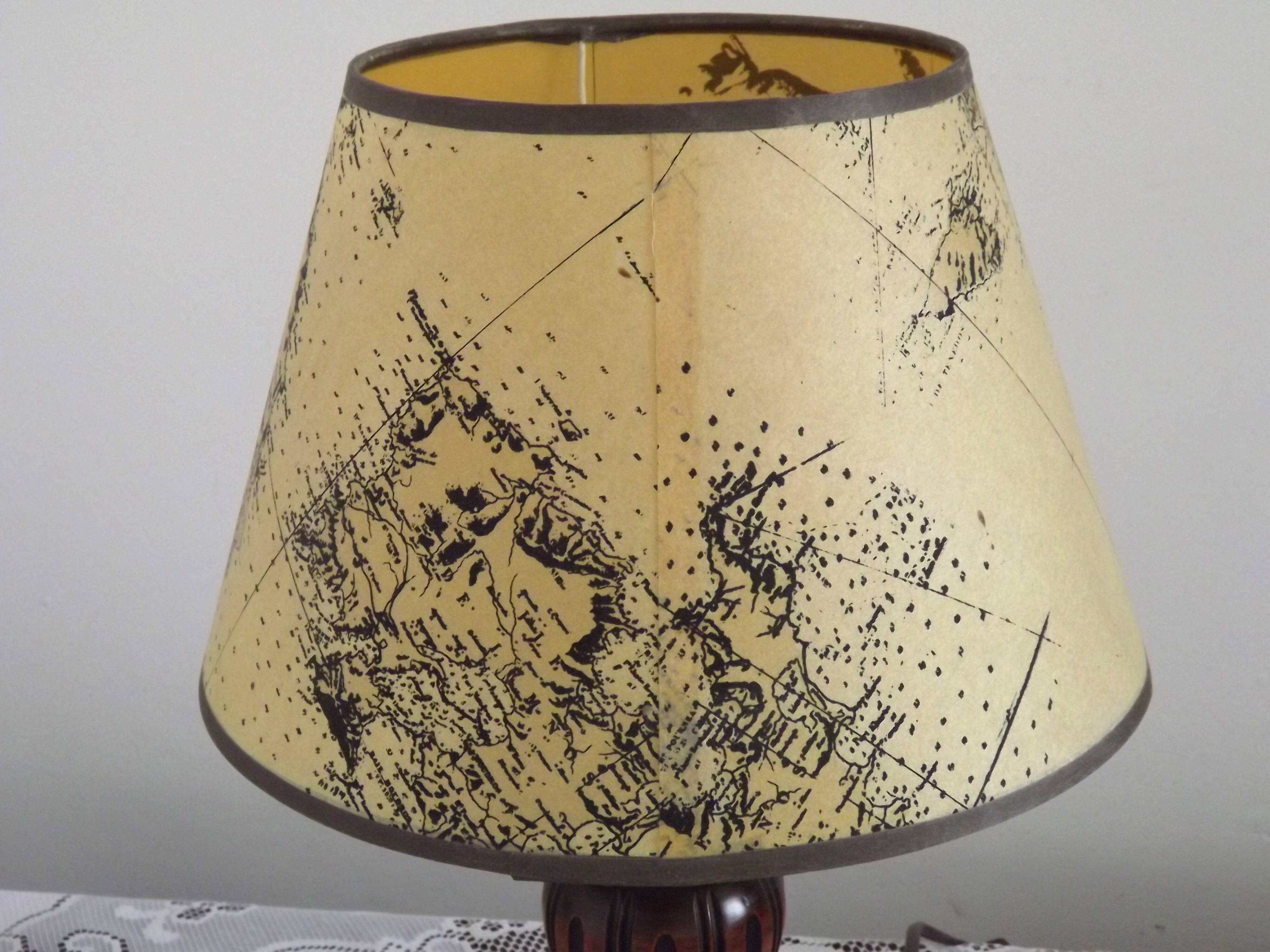 French Mid Century Round Turned Wood Grooved Table Lamp Map Detail Shade