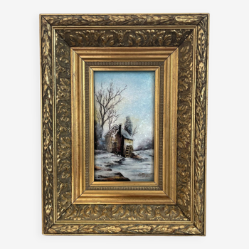 Vintage, émaux sur cuivre, bombé, Limoges, signé Sillonnet, décor, ancienne maison, paysage d'hiver