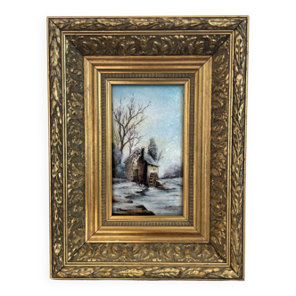 Vintage, émaux sur cuivre, bombé, Limoges, signé Sillonnet, décor, ancienne maison, paysage d'hiver