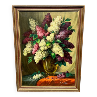 E. Castelein. "Nature morte au lilas". Huile sur toile.