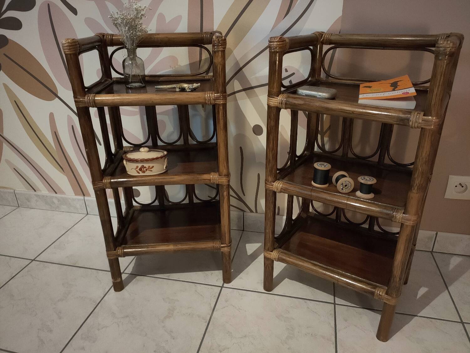 Pair of vintage bamboo and rattan bedside tables/shelves