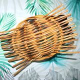 Vintage basket with handle in woven rattan 1960-1970 hippie chic decorative pocket