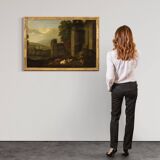 Great 17th century Italian painting, bucolic landscape with ruins