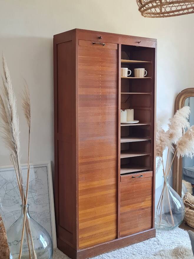 Vintage double curtain filing cabinet.