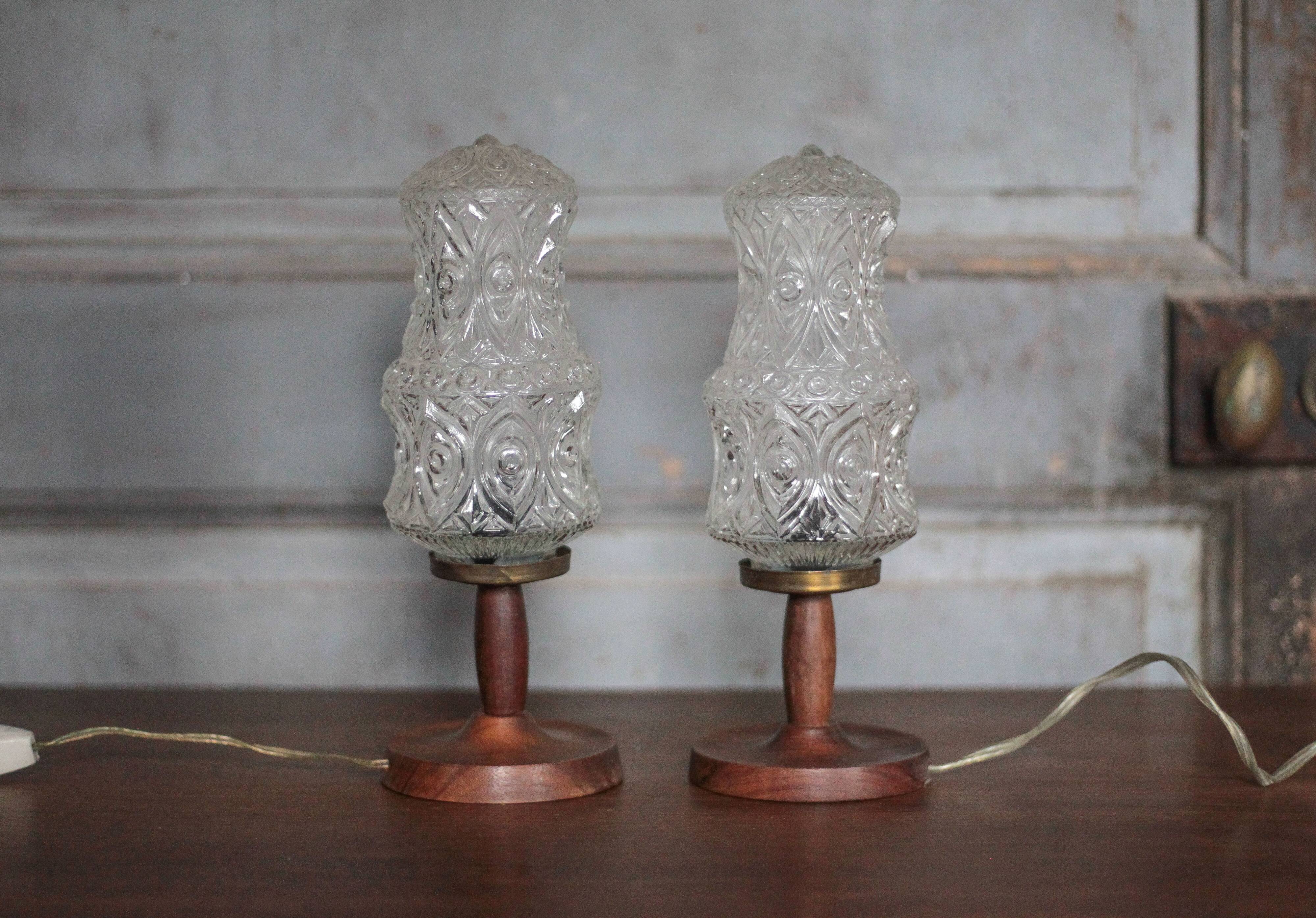 pair of vintage lamps, bedside lamps, glass globe lamps, wooden base, decoration