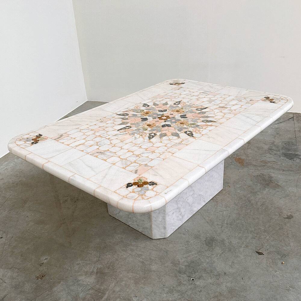 Large Italian pietra dura marble mosaic coffee table, floral inlay, Carrara marble