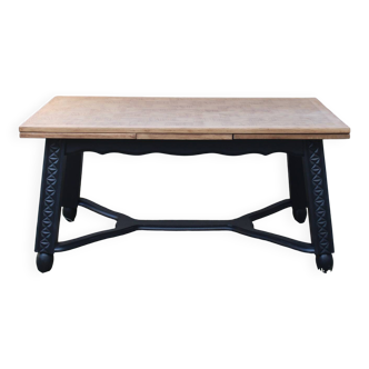 Table à manger vintage rénovée –Piètement noir & plateau damier bois clair
