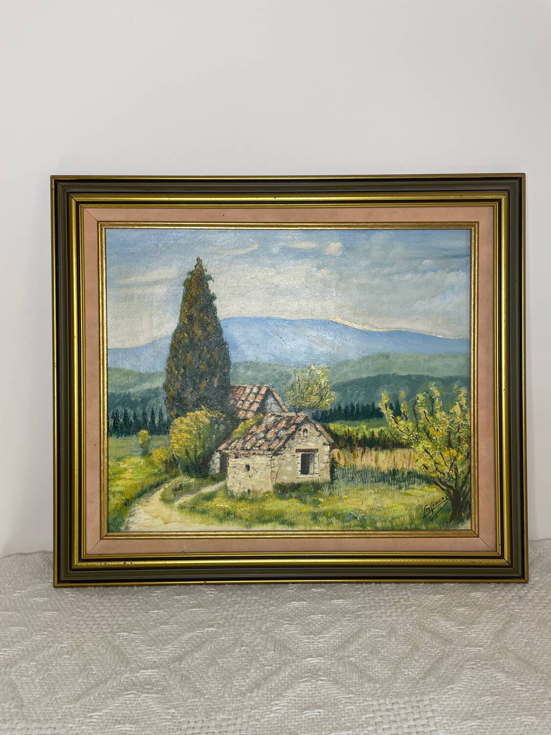 Painting of Mont Ventoux signed Lasimone in gilded wooden frame