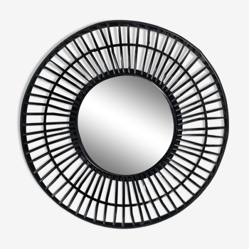 Round black rattan mirror