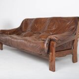 Brutalist leather sofa and armchair set, 1970s