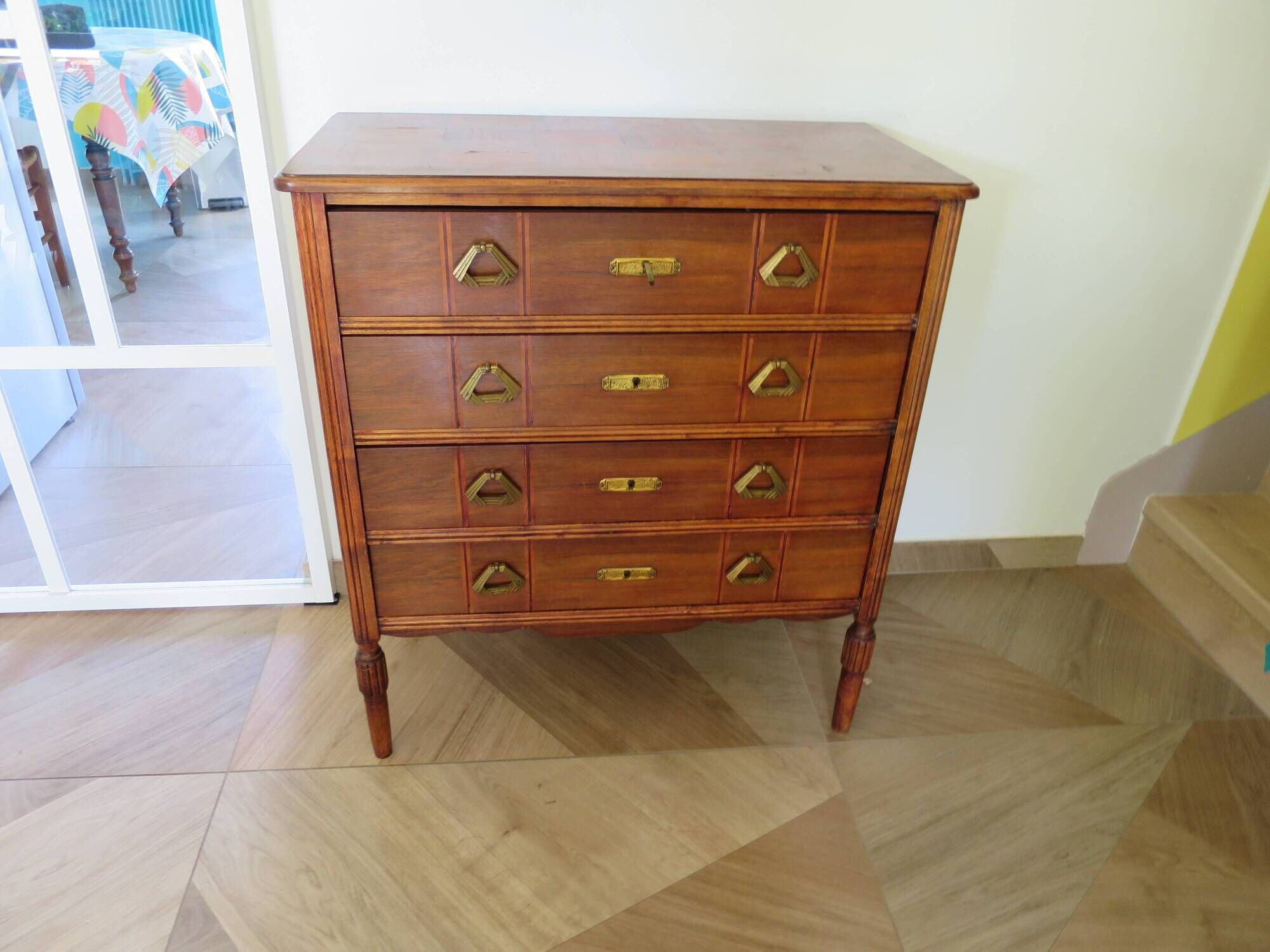 Art Deco chest of drawers - 4 drawers - locks - checkered wood veneer top - 50s