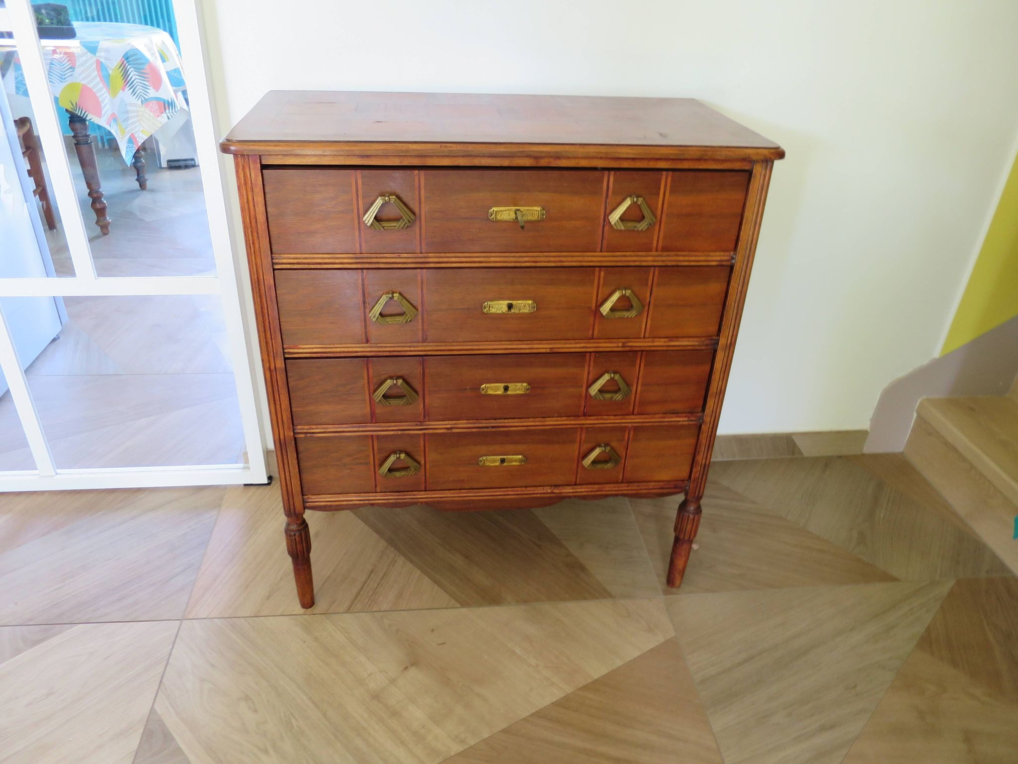 Art Deco chest of drawers - 4 drawers - locks - checkered wood veneer top - 50s