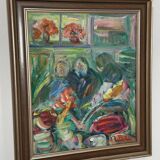 Swedish Oil on Canvas – “Interior with Figures” by Erik Lo  (1914–2004