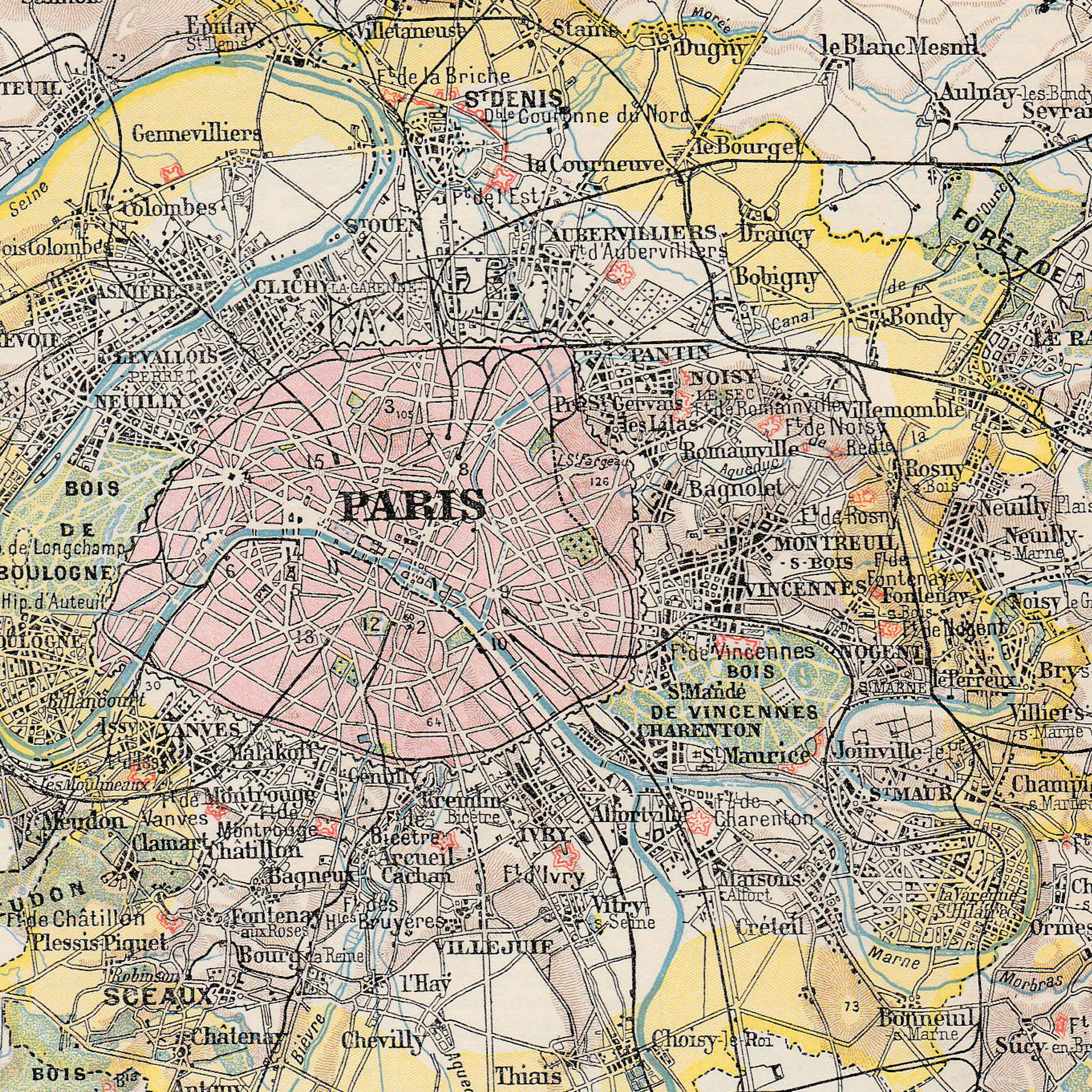 Old map of Paris and its surroundings late 19th century