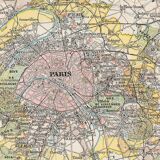 Old map of Paris and its surroundings late 19th century