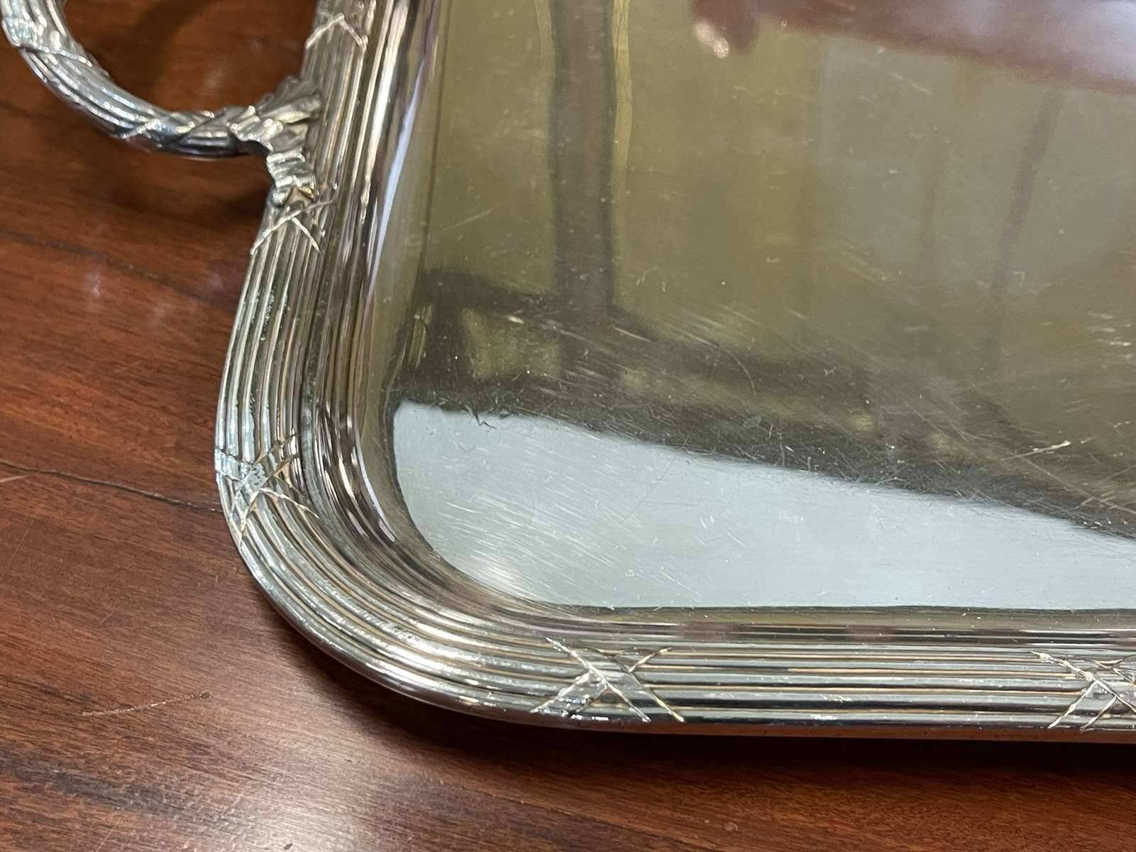 Rectangular tray with LOUIS XVI style handles in silver-plated metal, work from the 1950s