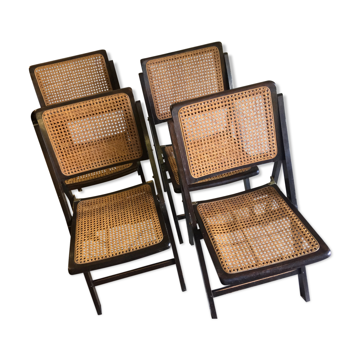 Four folding wooden and canning chairs - 70s