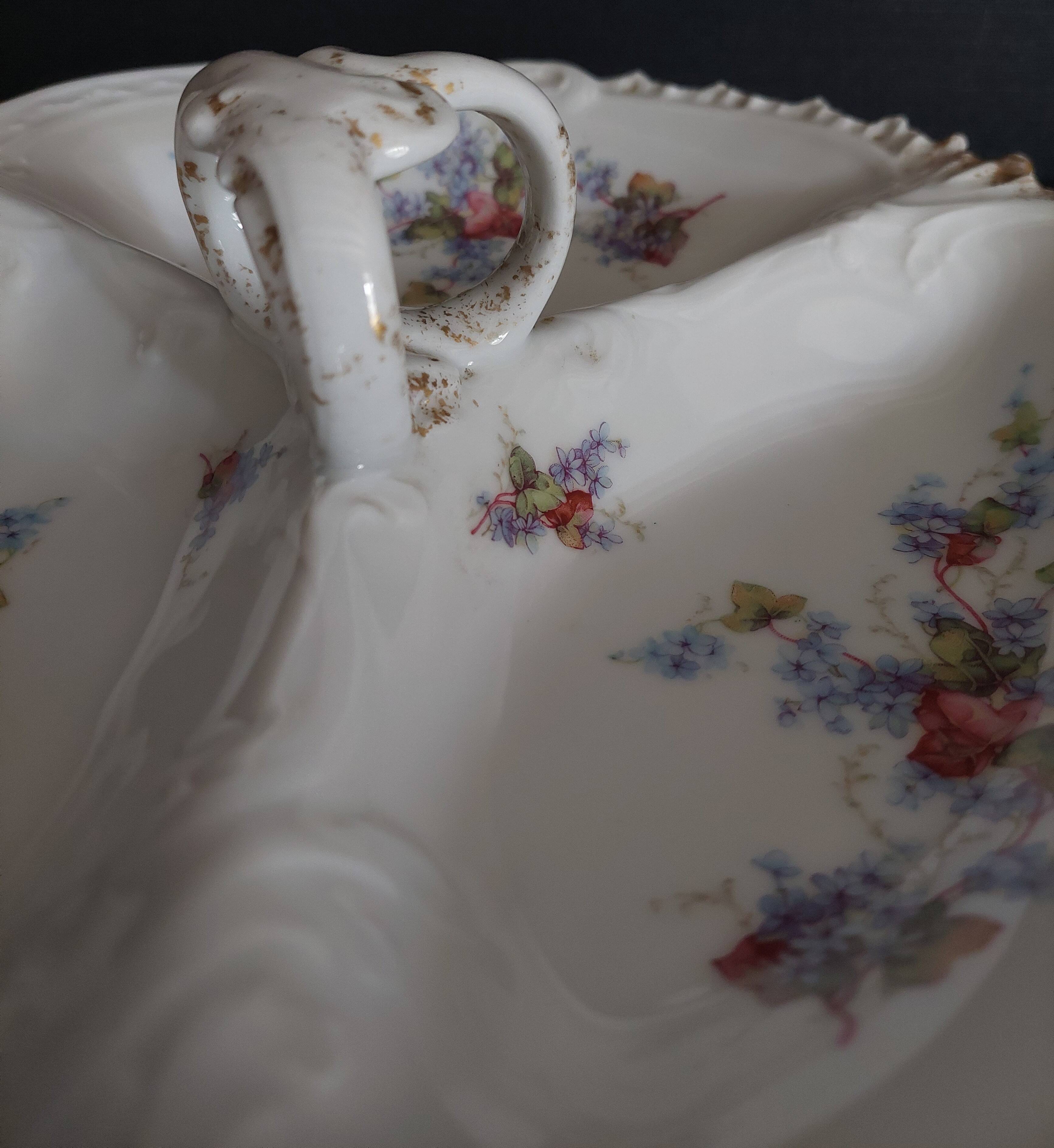 Serving dish beggar porcelain flowered Limoges early 20th century