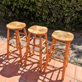 Set of 3 high “modernist” straw stools vintage 1950s