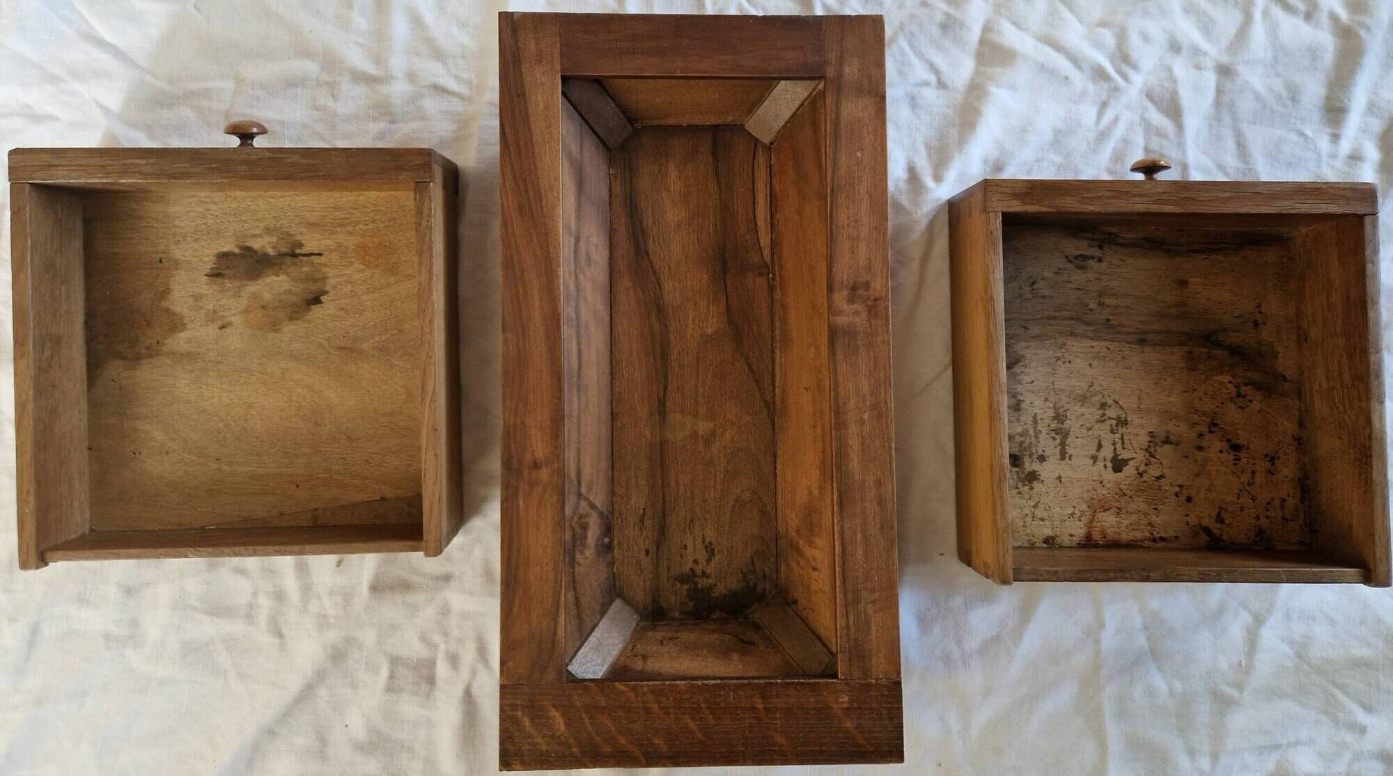 Nineteenth-century walnut work table with flaps, large storage + secret drawer.