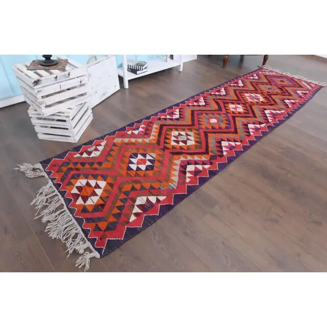 1970s Vintage Turkish Hand-Knotted Wool Cotton Pink Runner Rug 91x340
