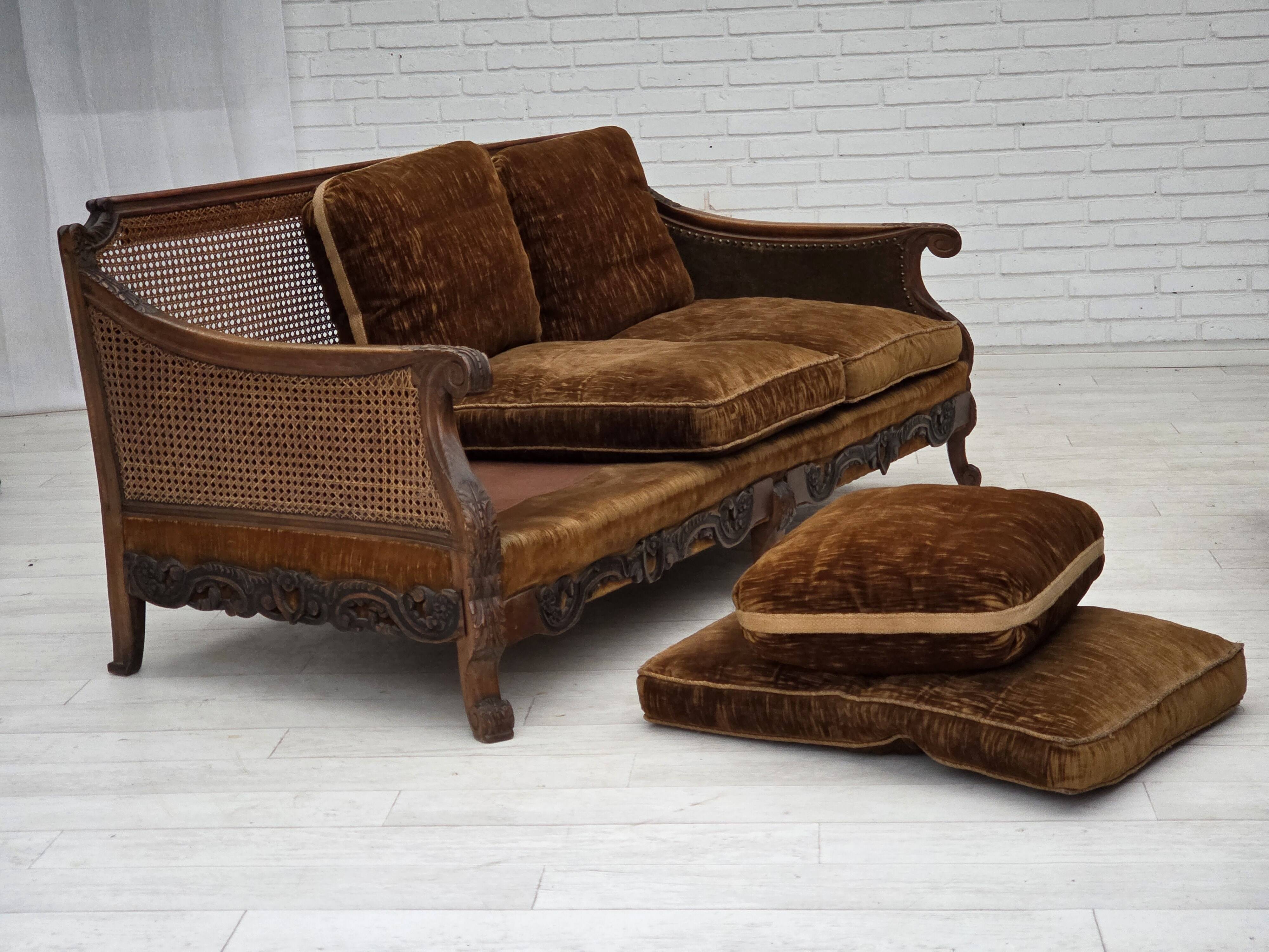 1930-35s, Danish 3-seater sofa, furniture velour, furniture mesh, ash wood.