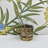 Solid brass teacup and spoon with Art Nouveau flower decor