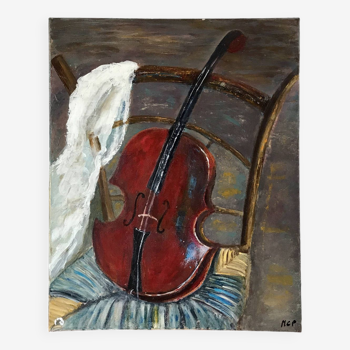 huile sur toile nature morte guitare vintage