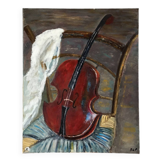 huile sur toile nature morte guitare vintage